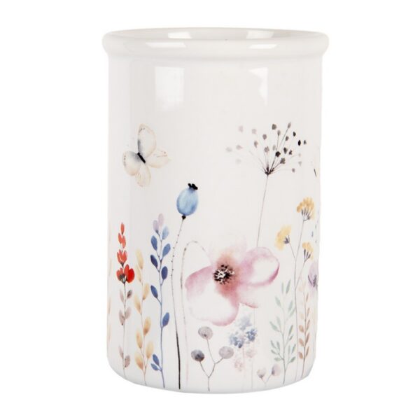 Clayre & Eef Tandenborstelhouder Wit Keramiek Bloemen Ø8×12 cm