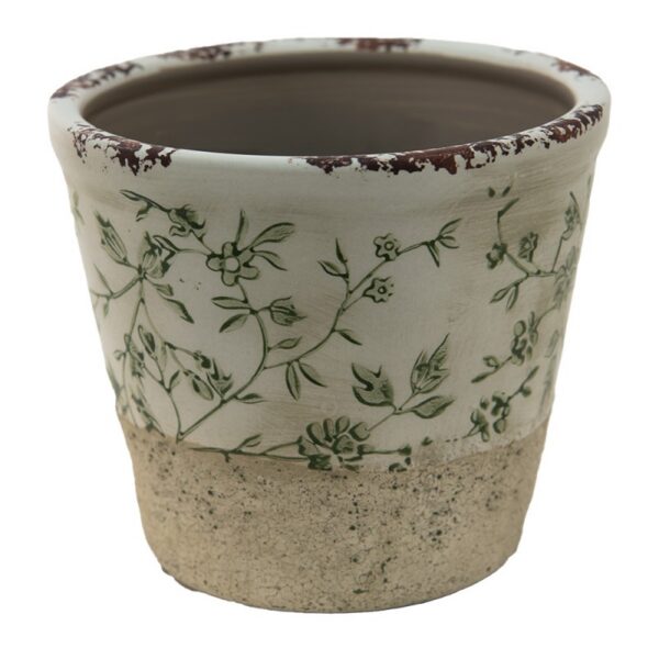 Bloempot Ø 16x16 cm Groen Wit Keramiek Bladeren Bloempot Binnen