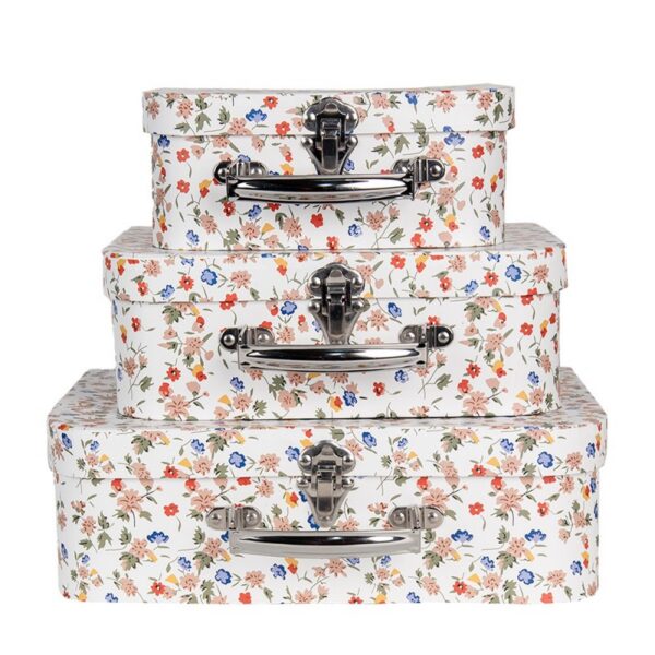 Decoratie Koffer Set Van 3 30x22x9 25x20x9 20x17x8 cm Wit Karton Bloem