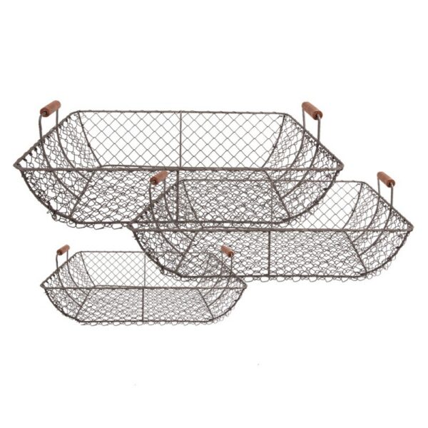 Opbergmand Set Van 3 40x34x15 36x30x14 32x26x13 cm Bruin Metaal Keuken Mandjes