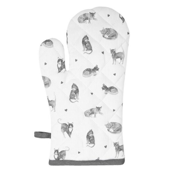 Ovenwant 18x30 cm Grijs Wit Katoen Katten Ovenhandschoen