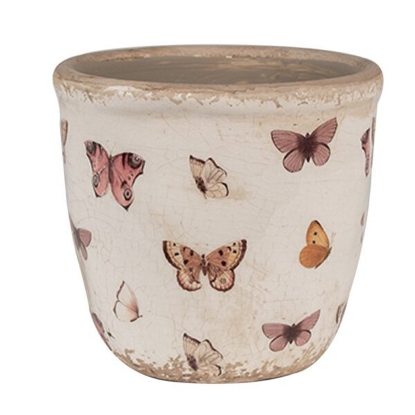 Bloempot Ø 11x10 cm Beige Roze Keramiek Vlinders Bloempot Binnen