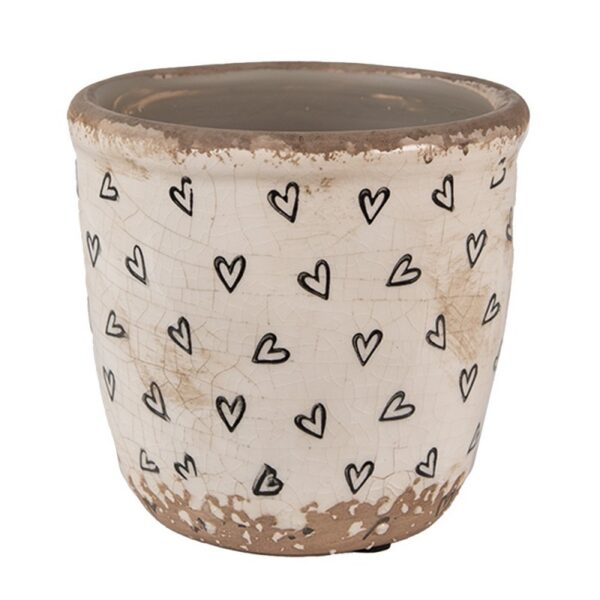 Bloempot Ø 11x11 cm Beige Zwart Keramiek Hartjes Bloempot Binnen