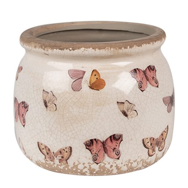 Bloempot Ø 12x10 cm Beige Roze Keramiek Vlinders Bloempot Binnen