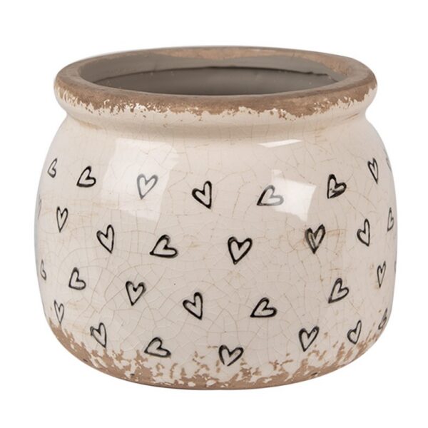 Bloempot Ø 12x10 cm Beige Zwart Keramiek Hartjes Bloempot Binnen