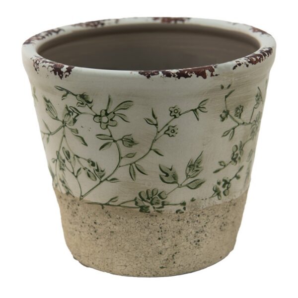 Bloempot Ø 12x10 cm Groen Wit Keramiek Bladeren Bloempot Binnen