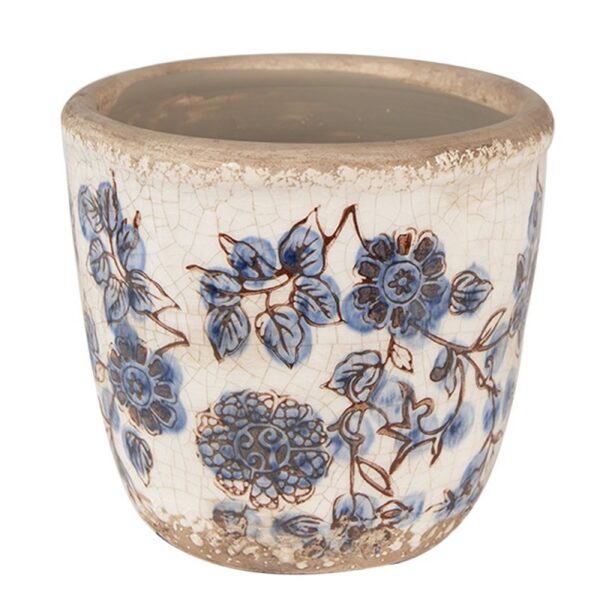 Bloempot Ø 13x12 cm Beige Blauw Keramiek Bloemen Bloempot Binnen