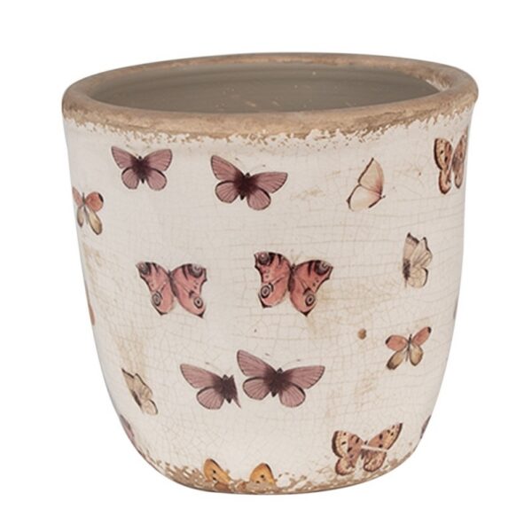 Bloempot Ø 13x12 cm Beige Roze Keramiek Vlinders Bloempot Binnen