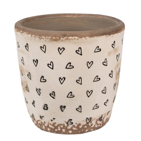Bloempot Ø 13x12 cm Beige Zwart Keramiek Hartjes Bloempot Binnen