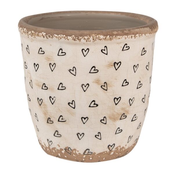 Bloempot Ø 14x13 cm Beige Zwart Keramiek Hartjes Bloempot Binnen