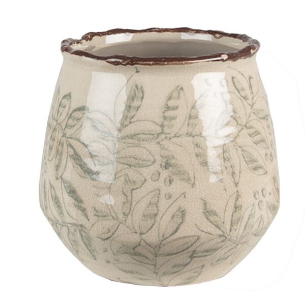 Bloempot Ø 14x13 cm Groen Beige Keramiek Bladeren Bloempot Binnen