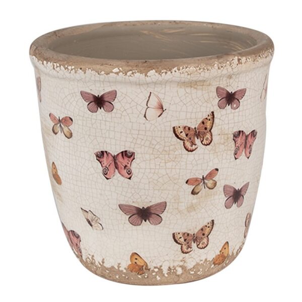 Bloempot Ø 15x14 cm Beige Roze Keramiek Vlinders Bloempot Binnen