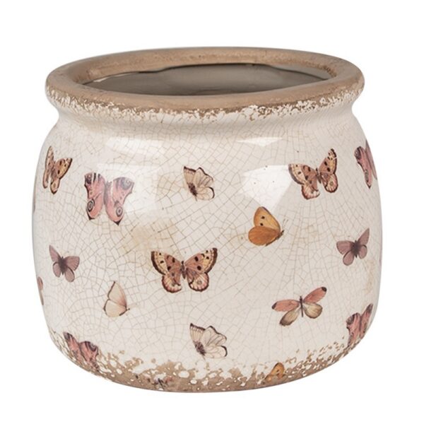 Bloempot Ø 16x13 cm Beige Roze Keramiek Vlinders Bloempot Binnen