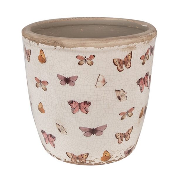 Bloempot Ø 16x16 cm Beige Roze Keramiek Vlinders Bloempot Binnen