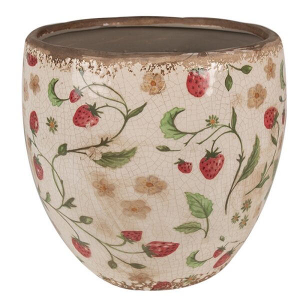 Bloempot Ø 18x18 cm Beige Rood Keramiek Aardbeien Bloempot Binnen