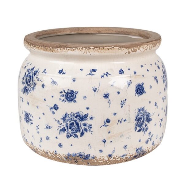 Bloempot Ø 20x15 cm Beige Blauw Keramiek Roosjes Bloempot Binnen