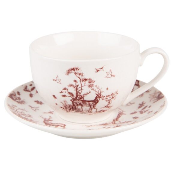 Kop en Schotel 200 ml Beige Rood Porselein Rendieren en Bomen Servies