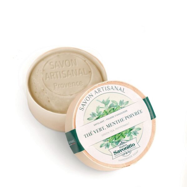 Maître Savonitto - Organic Groene thee-Peppermint scrub zeep in houten doosje 100g