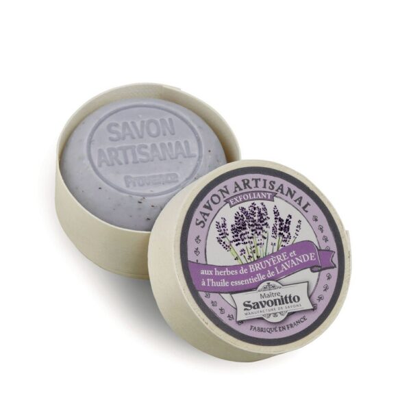 Maître Savonitto - Lavendel scrub zeep in houten doosje 100g