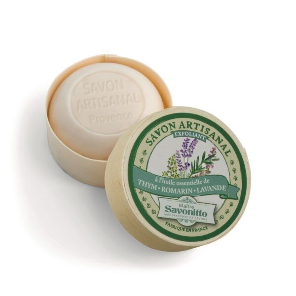 Maître Savonitto - scrubzeep met tijm, rozemarijn en lavandin in houten doosje 100g