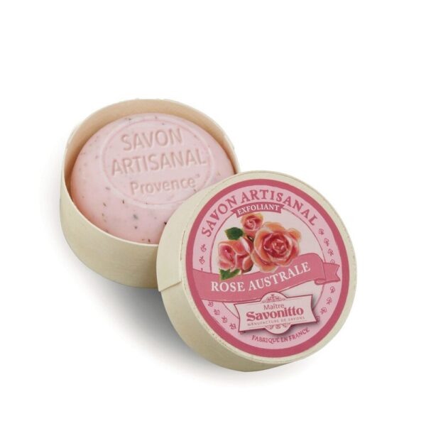 Maître Savonitto - Roos scrub zeep in houten doosje 100g